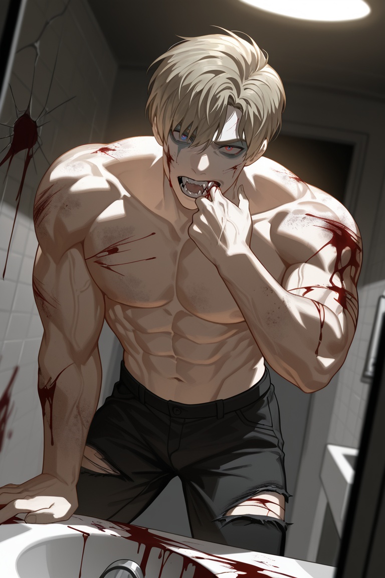 an illustration of a handsome male zombie from behind staring at itself in a cracked bathroom mirror. the male has red eye...