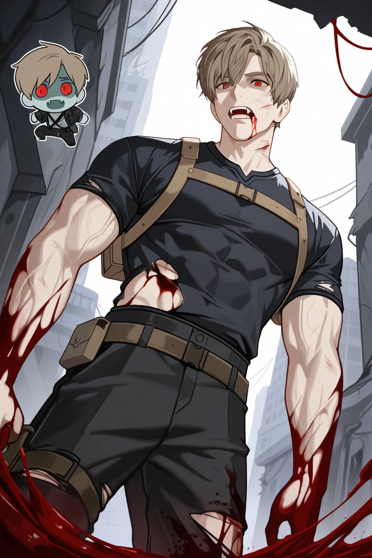 this is an illustration of a light brown haired man covered in blood and injuries standing in a abandoned building. he is...