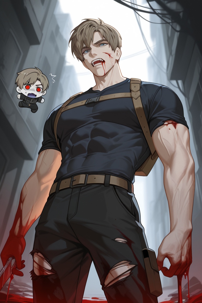 this is an illustration of a light brown haired man covered in blood and injuries standing in a abandoned building. he is...