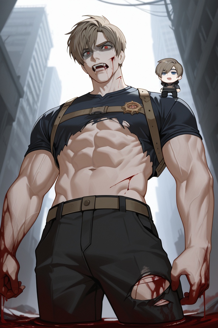 this is an illustration of a light brown haired man covered in blood and injuries standing in a abandoned building. he is...