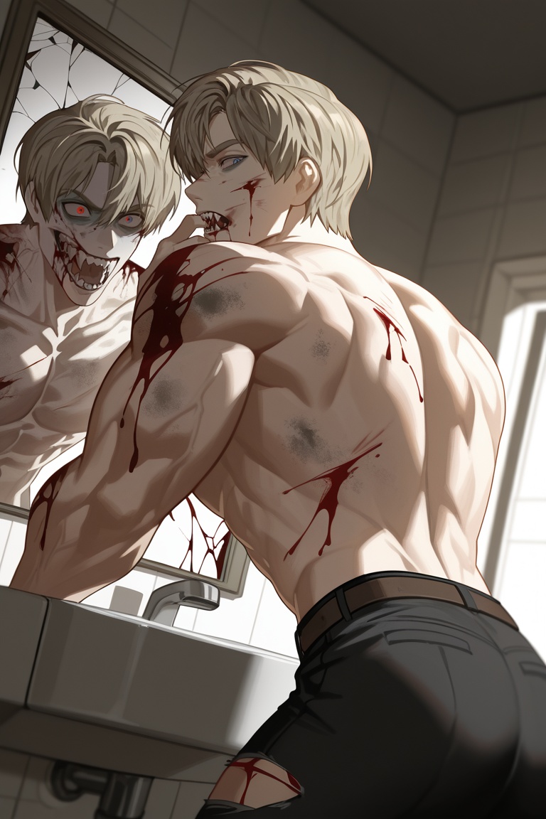 an illustration of a handsome male zombie from behind staring at itself in a cracked bathroom mirror. the male has red eye...