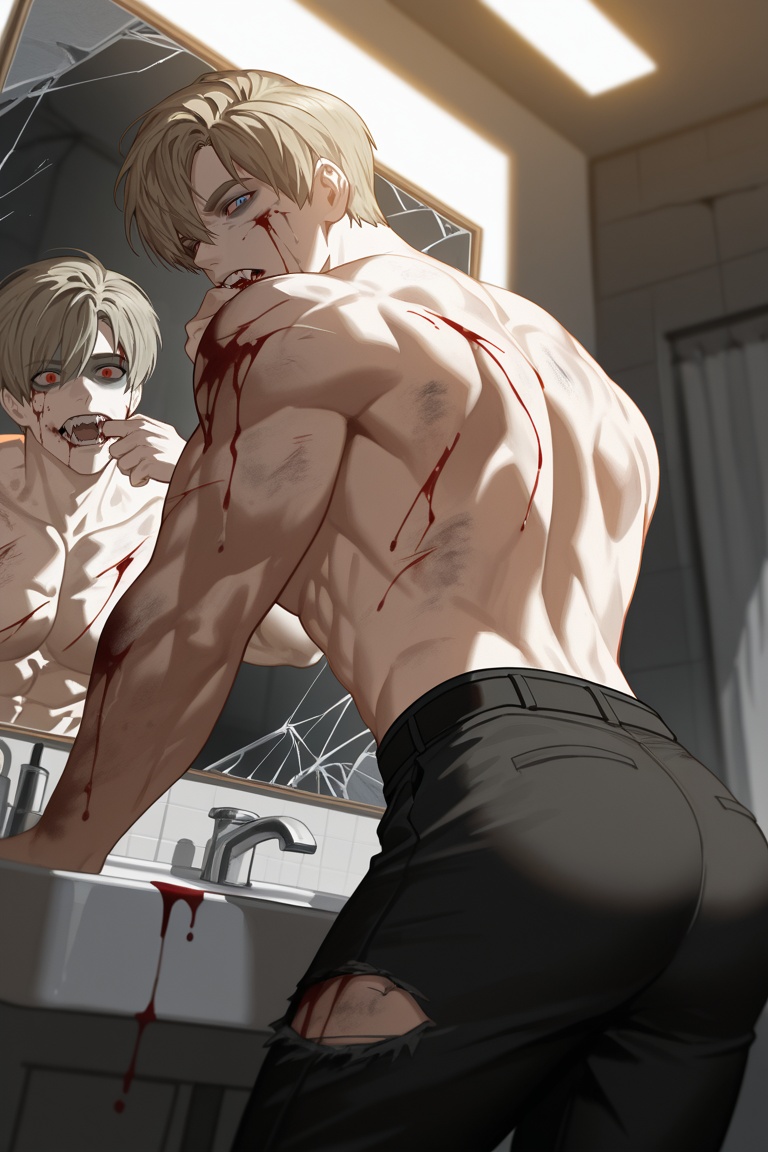 an illustration of a handsome male zombie from behind staring at itself in a cracked bathroom mirror. the male has red eye...