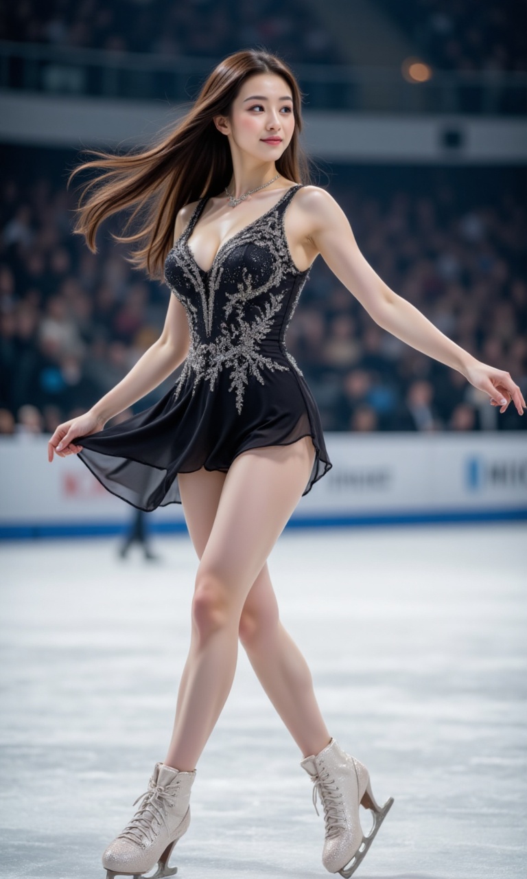 A young Asian beauty glides across the packed ice rink,  her long brown hair flowing like silk as she executes precise fig...
