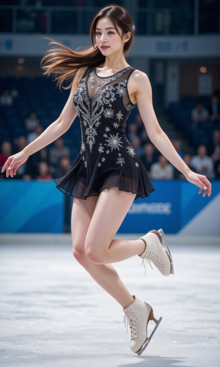 A young Asian beauty glides across the packed ice rink,  her long brown hair flowing like silk as she executes precise fig...