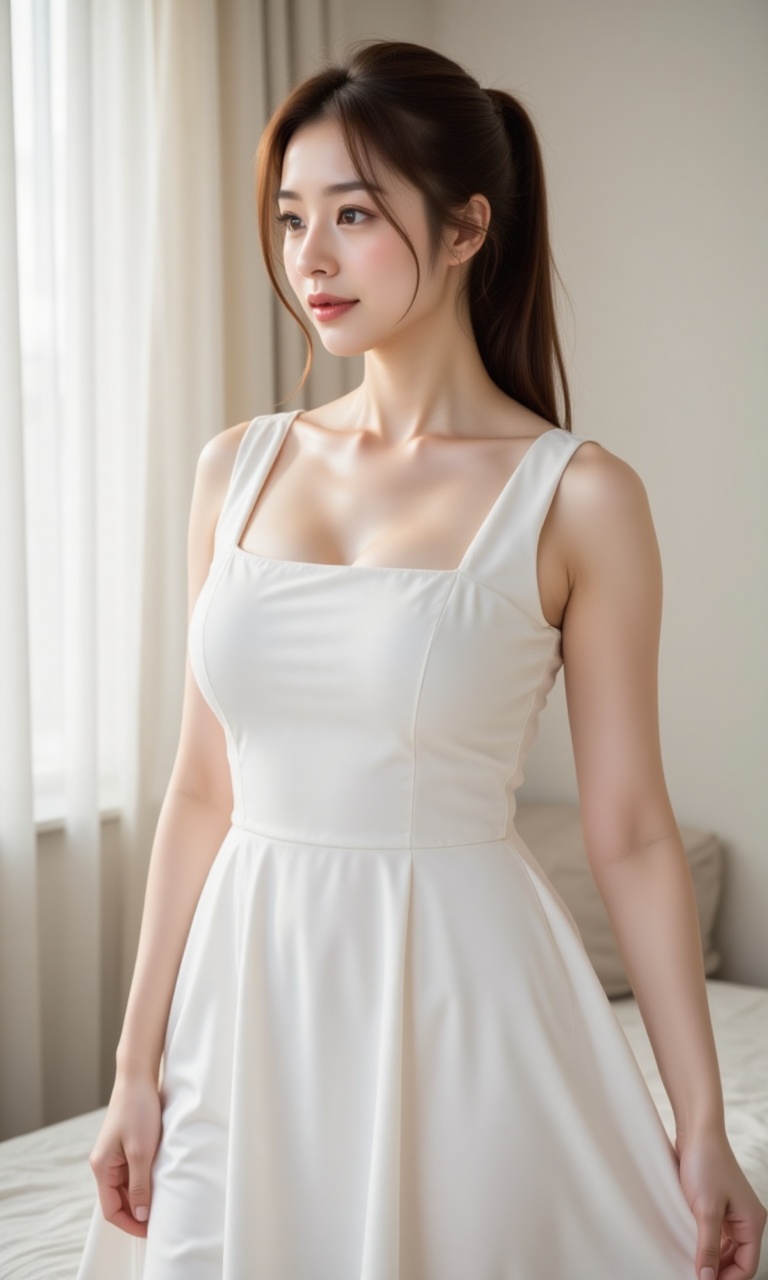 A young Asian woman with a long brown ponytail stands in a white-hued apartment. Soft,  warm lighting highlights her natur...