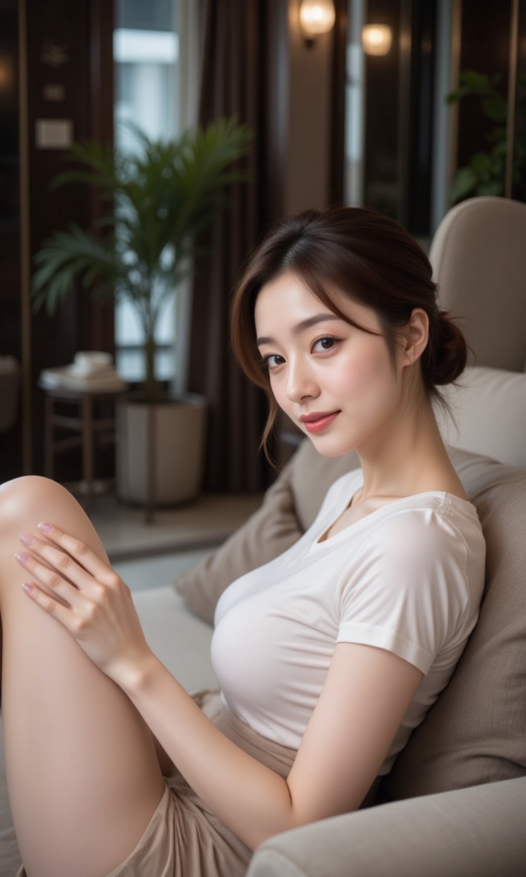 A side view of a young Asian woman lying on a sofa in a dimly lit,  modern room. She wears a crew-neck T-shirt and beige A...