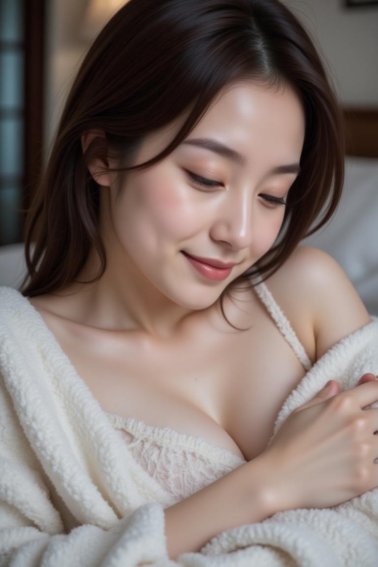 A stunning woman lying on the bed,  with the quilt covering her upper body. She has half-closed eyes and a faint smile,  w...