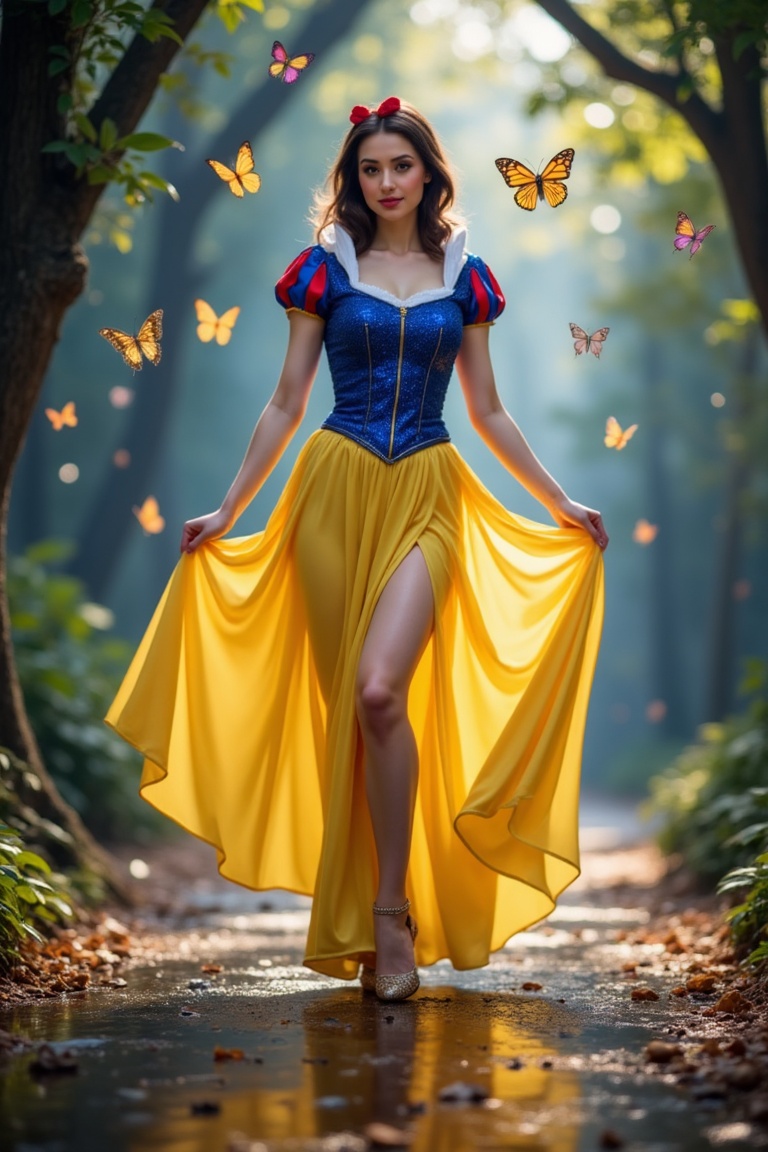 In a whimsical frame,  Snow White stands majestically in the heart of the Magical World. Her slender figure is draped in h...