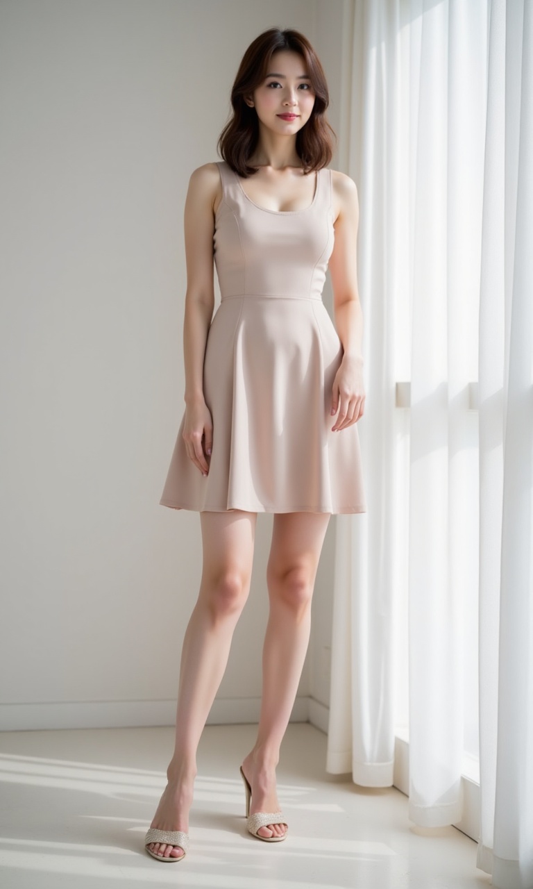 A young Asian woman with short brown hair and a faint smile stands in a well-lit room. She wears an A-line dress,  showcas...