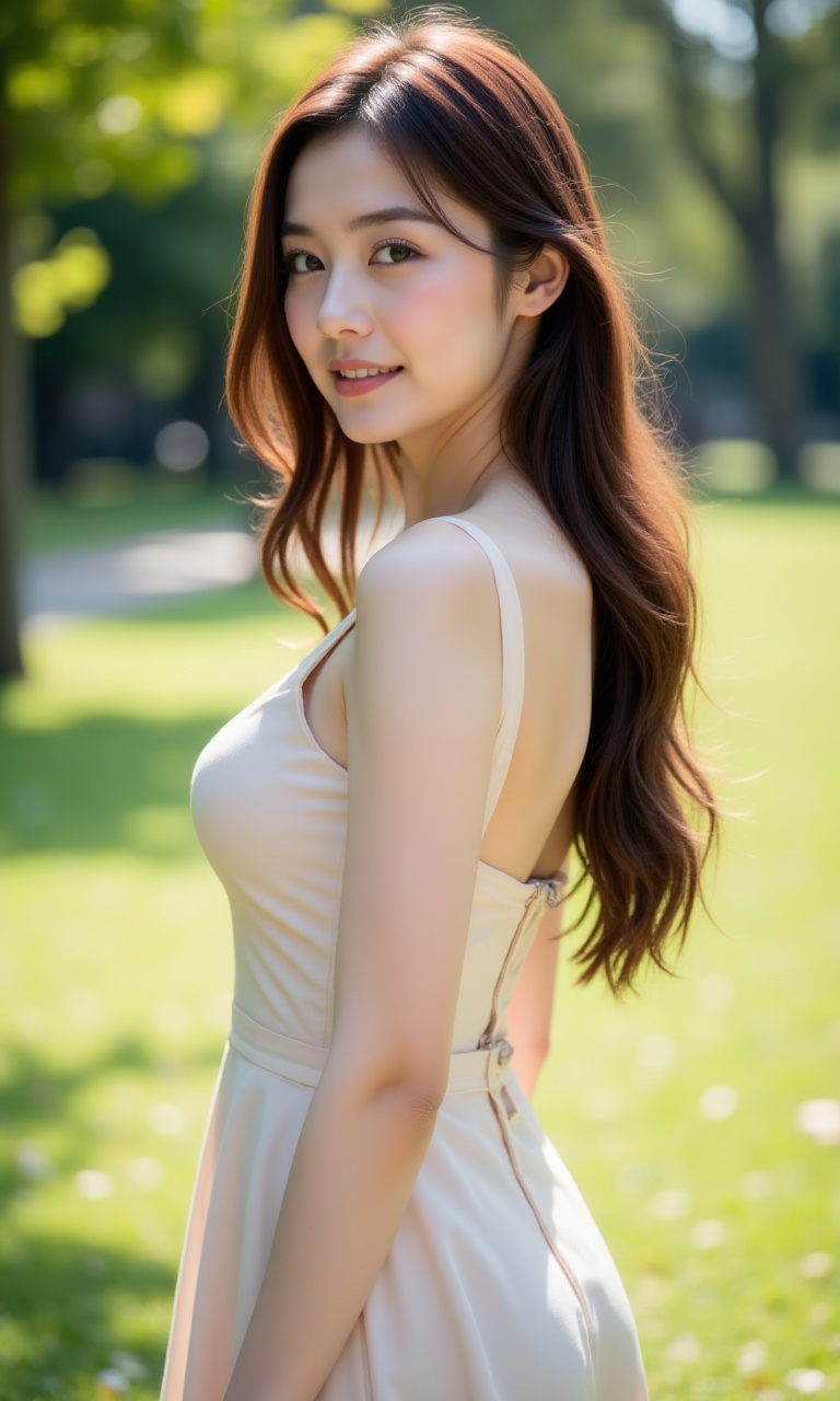 A young Asian woman with long brown hair and fair skin stands in a sunny park. She wears a glossy,  symmetrical-eyed faint...