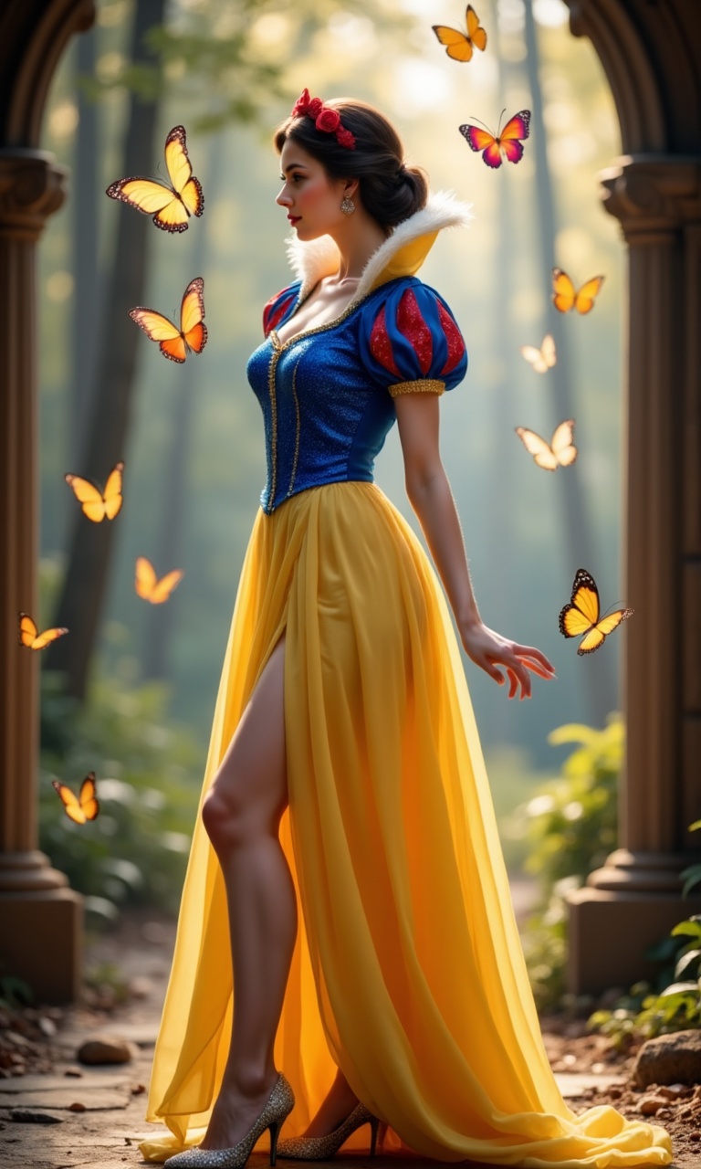 In a whimsical frame,  Snow White stands majestically in the heart of the Magical World. Her slender figure is draped in h...