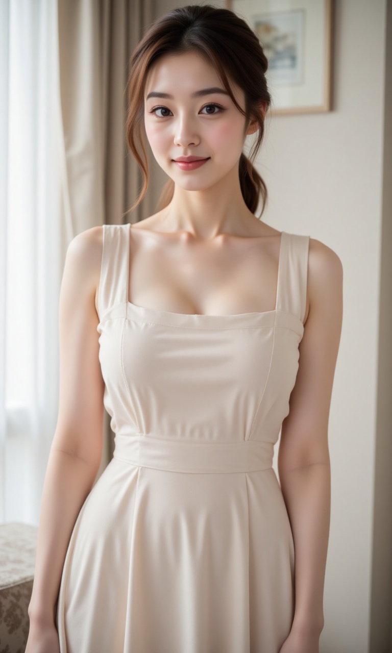 A young Asian woman with a long brown ponytail stands in a white-hued apartment. She has natural expressions and a slender...