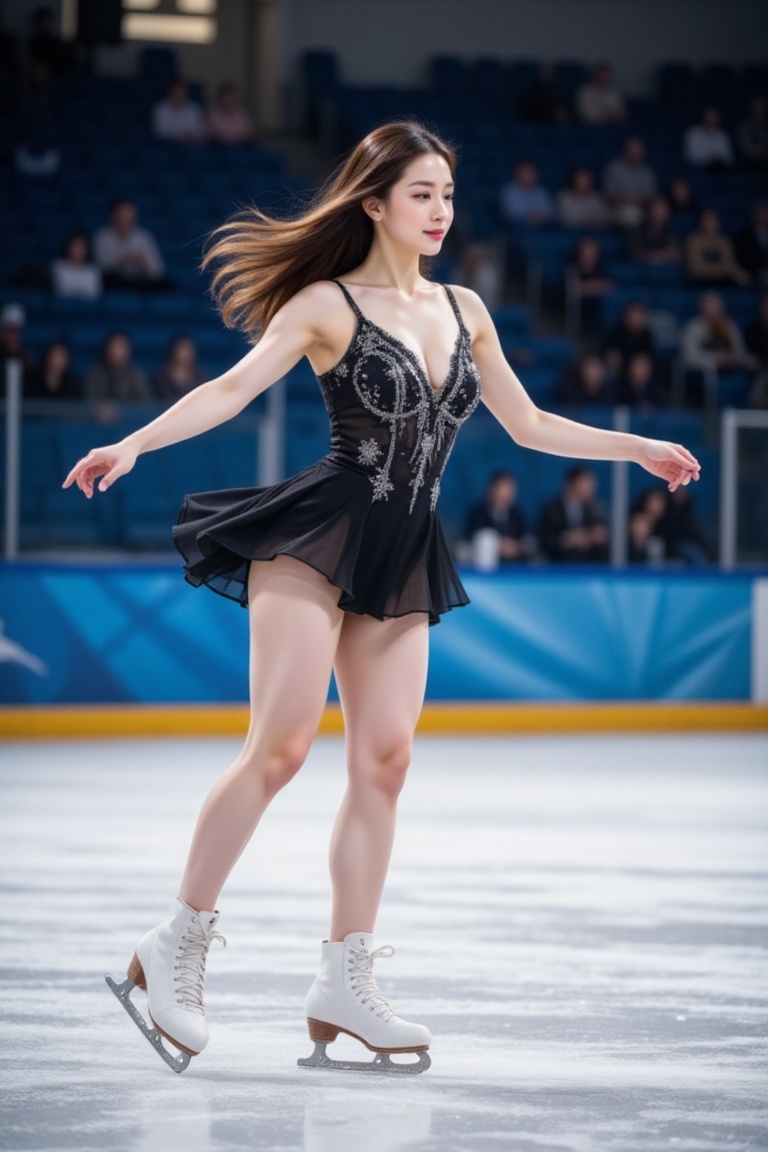 A young Asian beauty glides across the packed ice rink,  her long brown hair flowing like silk as she executes precise fig...