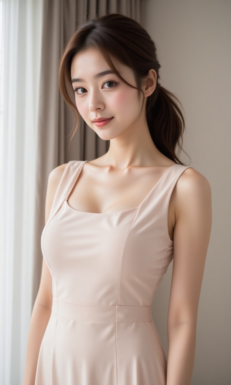 A young Asian woman with a long brown ponytail stands face-to-face in a white-hued apartment. Soft,  warm lighting highlig...