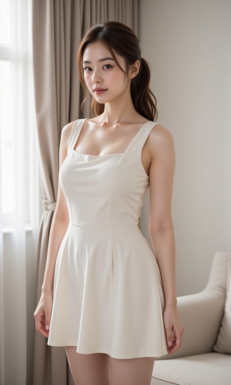 A young Asian woman with a long brown ponytail stands face-to-face in a white-hued apartment. Soft,  warm lighting highlig...