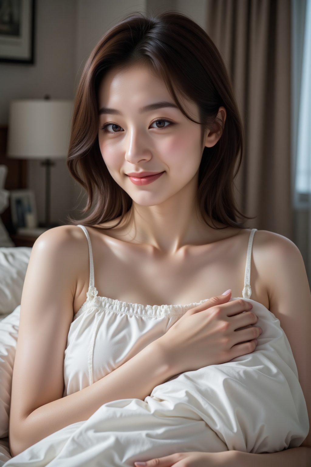 A stunning woman lying on the bed,  with the quilt covering her upper body. She has half-closed eyes and a faint smile,  w...