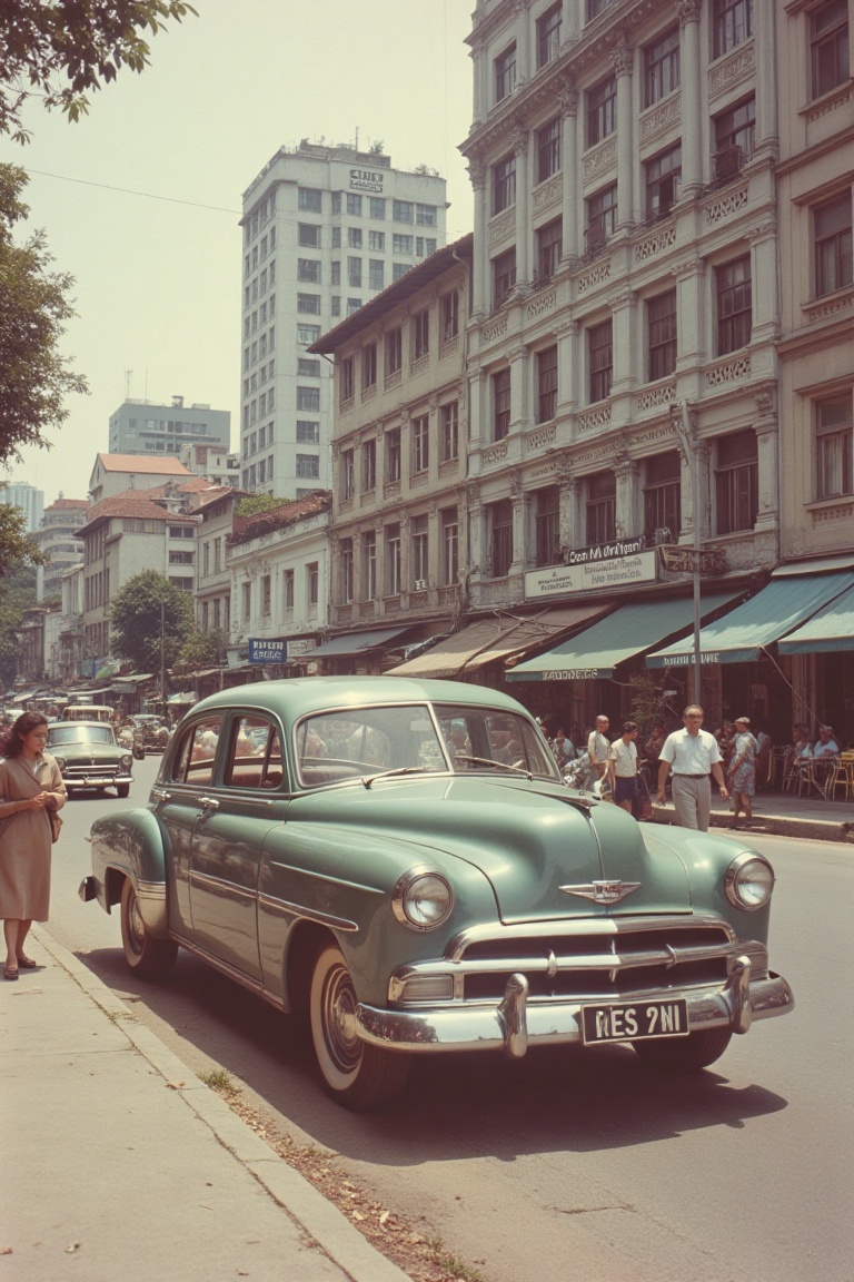 A 1950s photograph of Kuala Lumpur,  capturing a bustling city street. The shot is framed from a slightly elevated angle,...