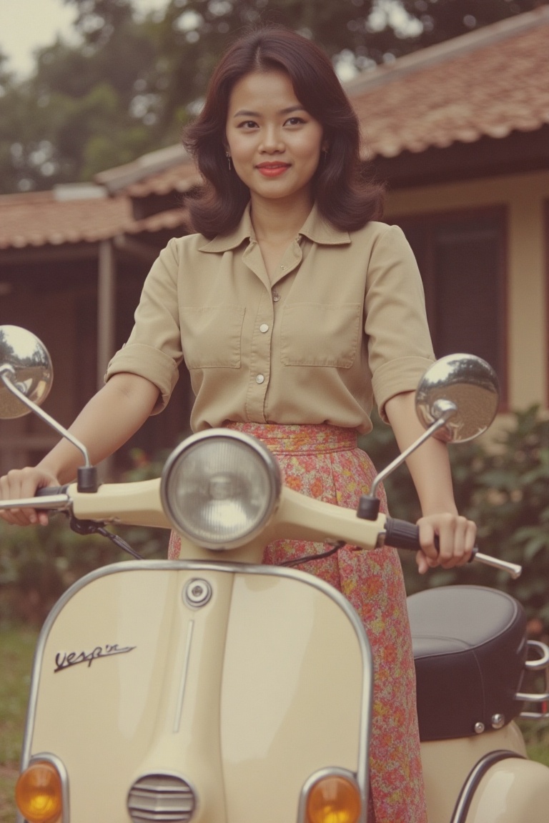 A 1950s photo of a Malay woman with classic hair style,  posing confidently on a Vespa. The shot is framed to capture her...