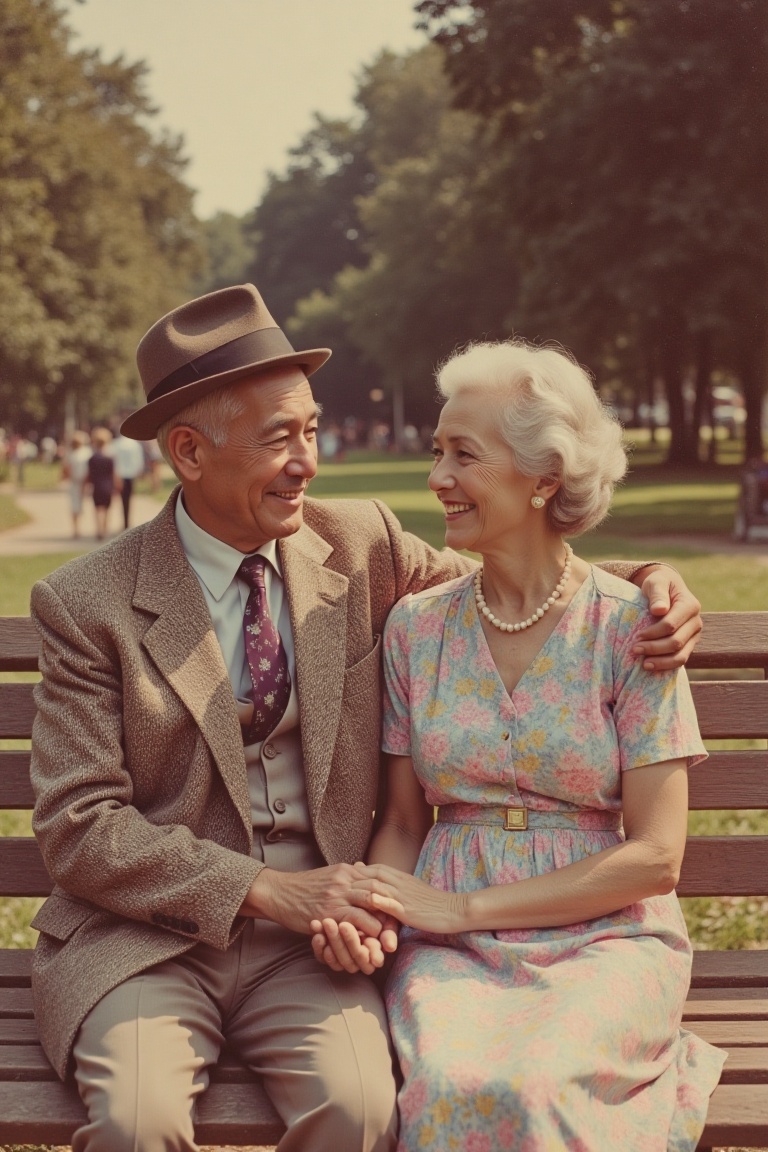 A vintage 1950s photograph of an elderly couple,  both in their 80s,  sitting side by side on a wooden park bench. The man...