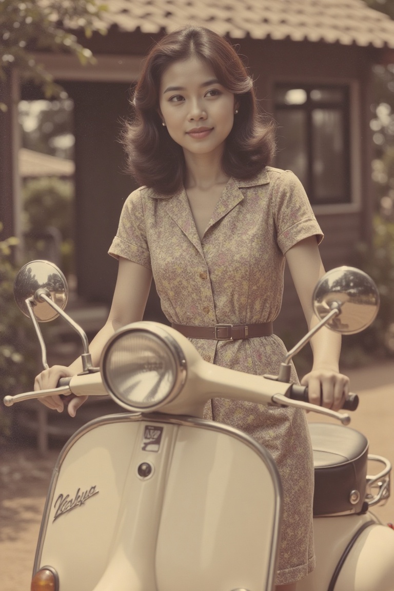 A 1950s photo of a Malay woman with classic hair style,  posing confidently on a Vespa. The shot is framed to capture her...