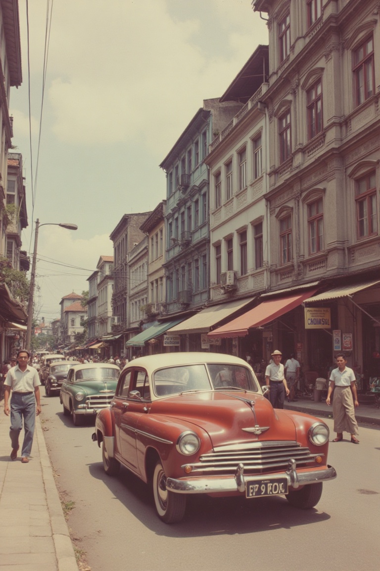 A 1950s photograph of Kuala Lumpur,  capturing a bustling city street. The shot is framed from a slightly elevated angle,...