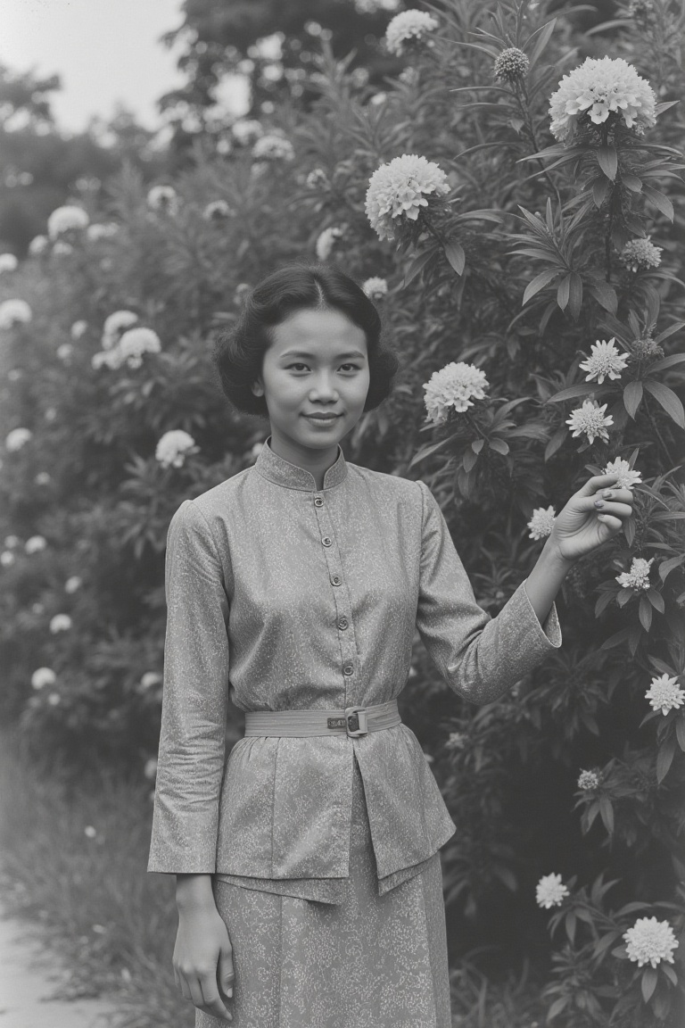 A 1950s photo of a Malay girl standing next to vibrant flower bushes,  captured in a nostalgic black-and-white composition...