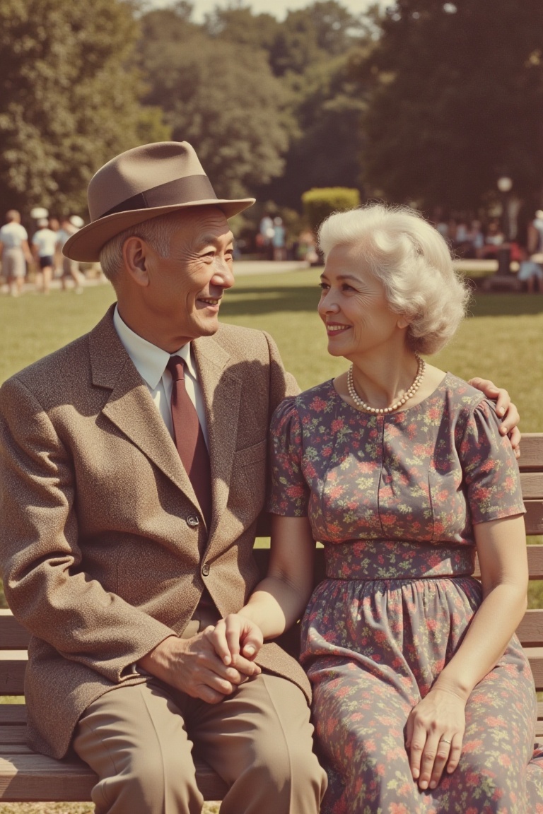 A vintage 1950s photograph of an elderly couple,  both in their 80s,  sitting side by side on a wooden park bench. The man...