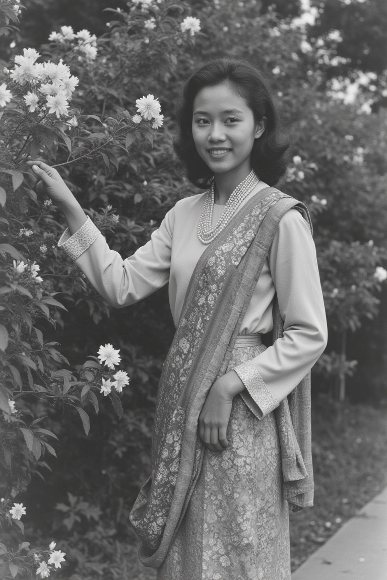 A 1950s photo of a Malay girl standing next to vibrant flower bushes,  captured in a nostalgic black-and-white composition...