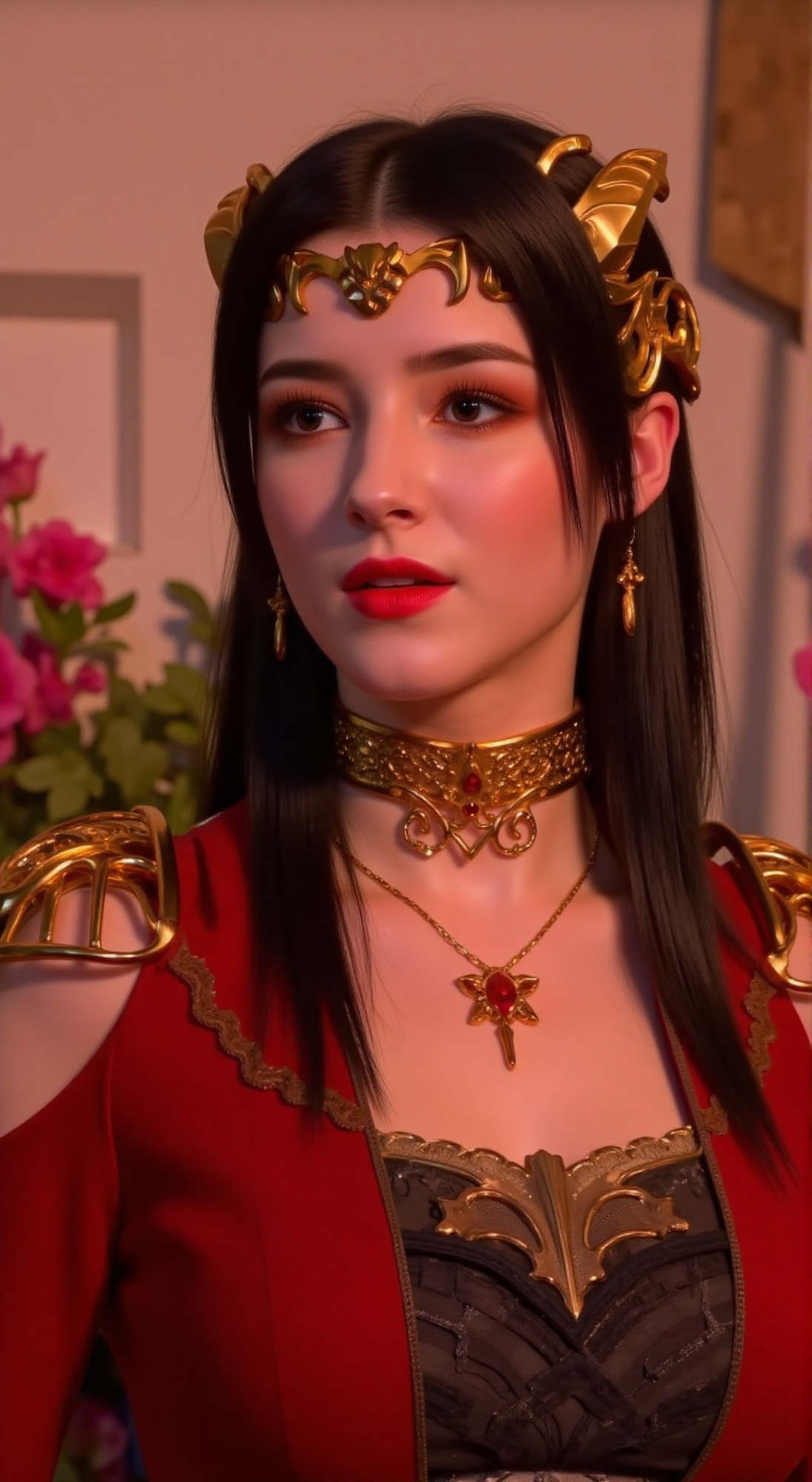 A majestic queen poses softly focused against a blurred backdrop of flowers,  red-black attire illuminated by warm light....