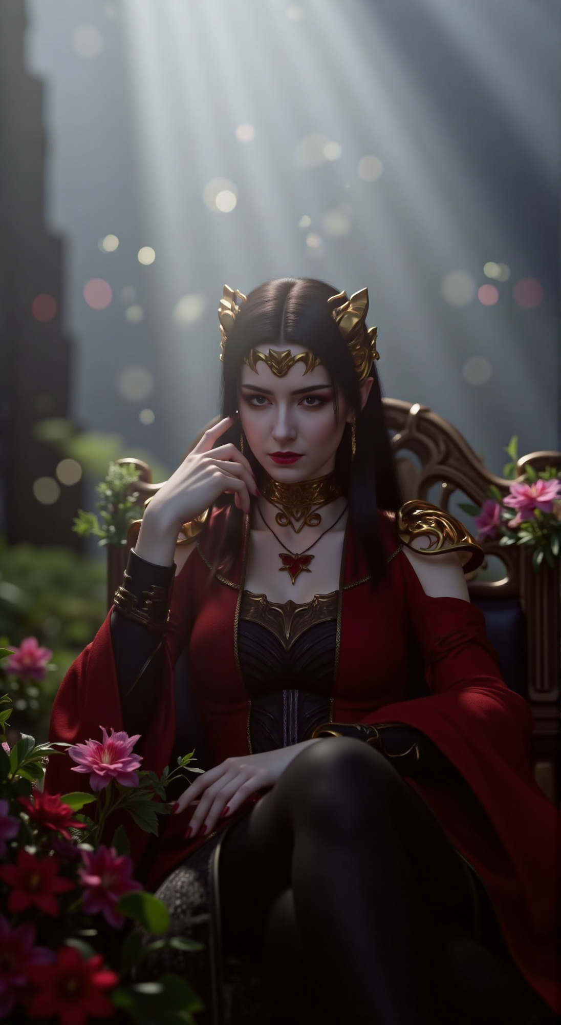 A majestic Queen sits regally,  shrouded in a soft focus haze,  amidst a lush bouquet of vibrant flowers. Her striking red...