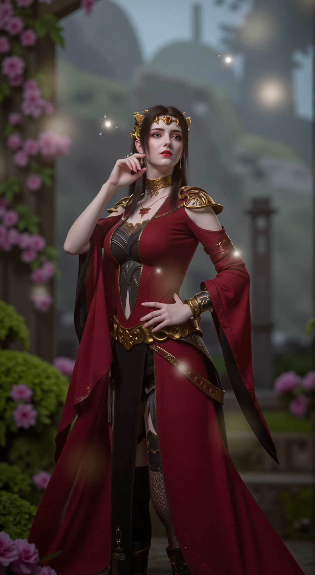 A regal queen poses amidst a whimsical backdrop of lush flowers,  her red-black attire adorned with sparkling accessories...