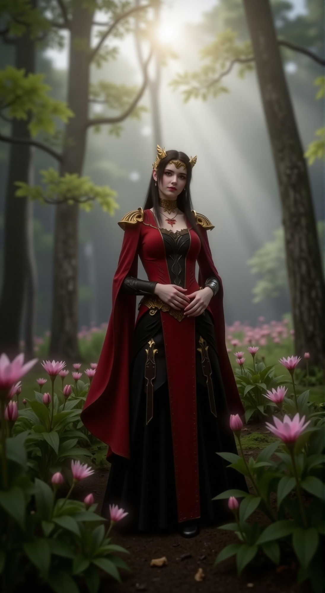 A mystical portrait of a young Queen: amidst a whimsical forest glade,  she stands tall in a striking red-black ensemble,...