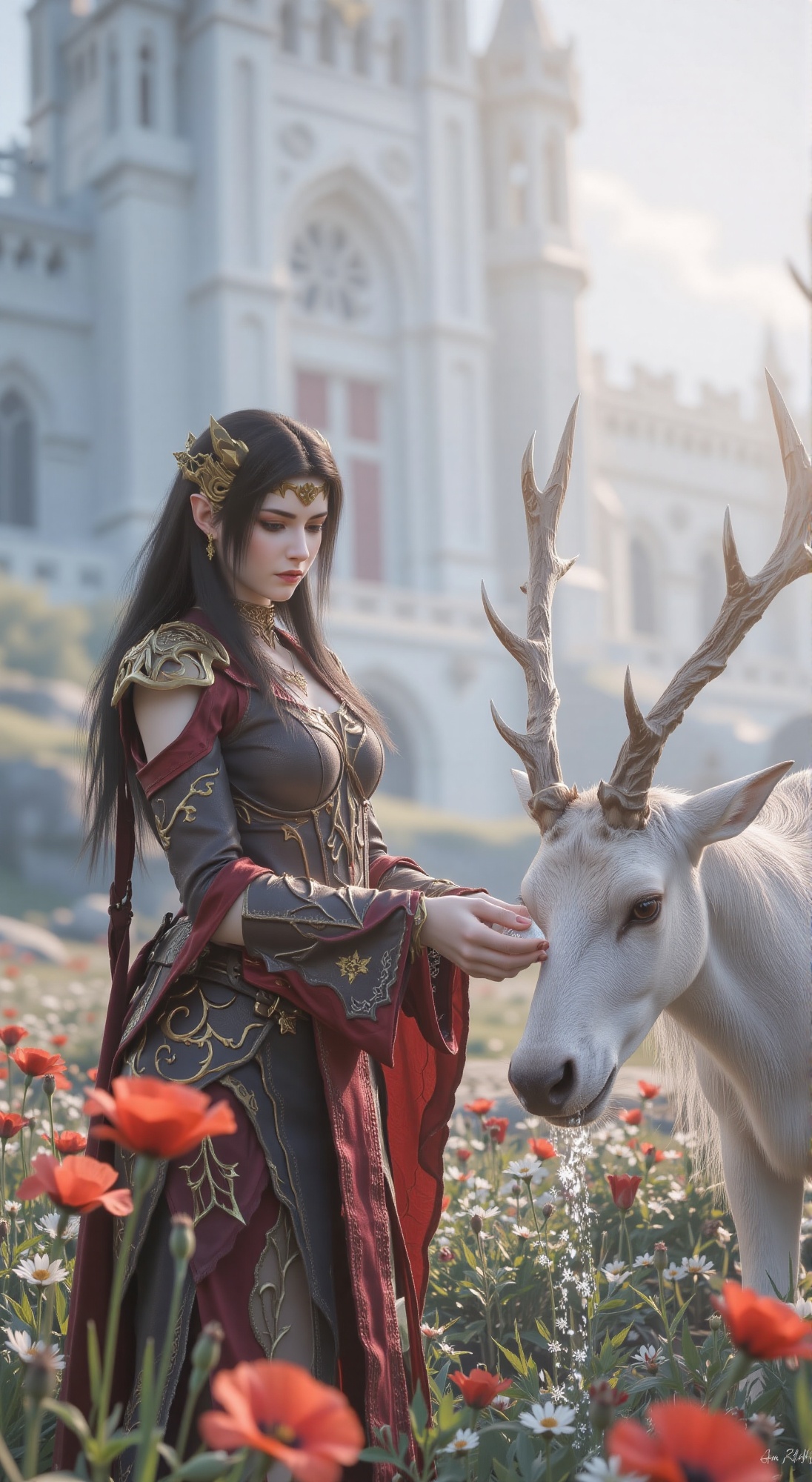 A young woman with long black hair,  wearing silver armor with intricate cloud patterns and flowing red and black silk tri...