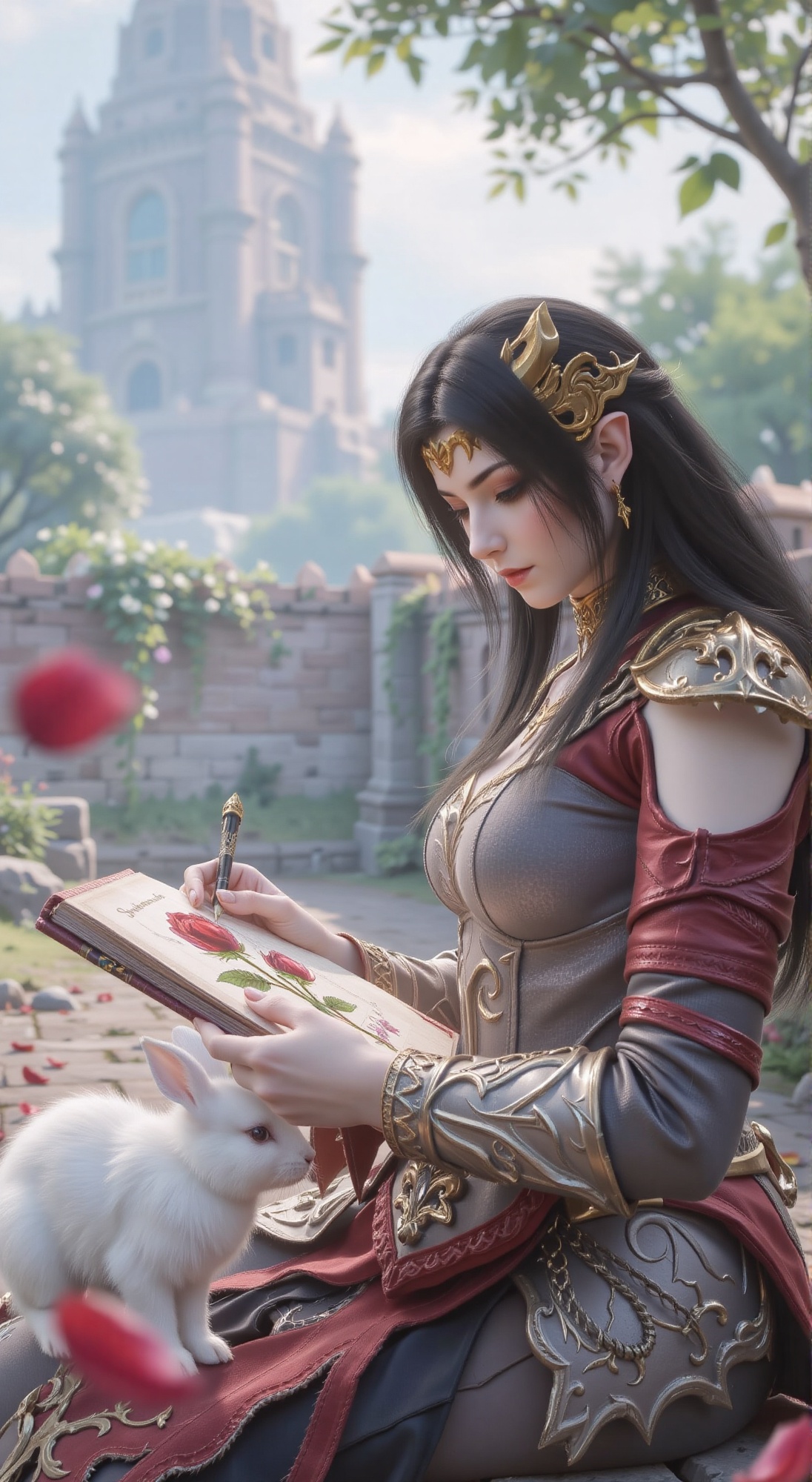 A young woman with long black hair,  her silver armor with cloud patterns and red and black silk trim catching the soft li...