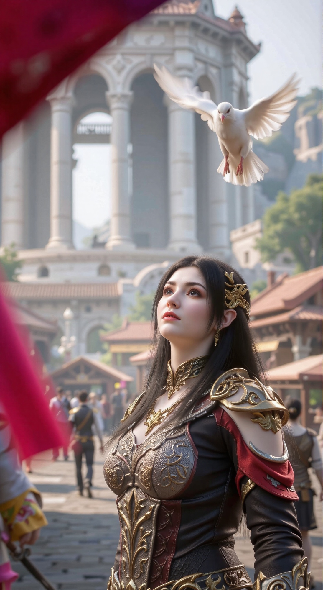 A young woman with long black hair,  the silver of her armor with cloud patterns and red and black silk trim gleaming fain...