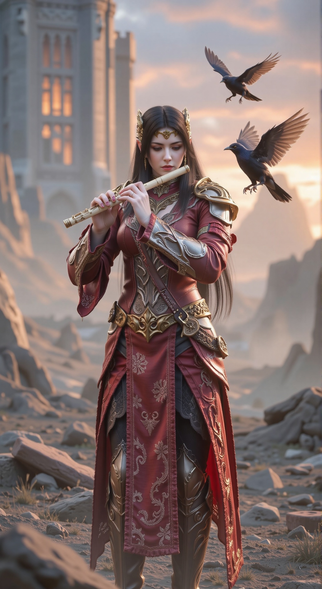 A young woman with long black hair,  her silver armor with cloud patterns and red and black silk trim reflecting the sunse...