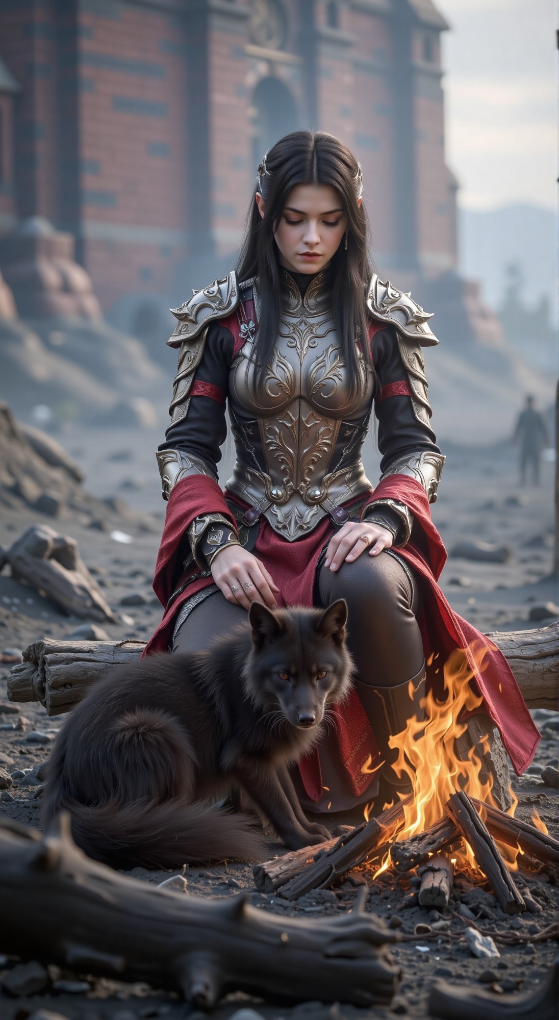A young woman with long black hair,  wearing silver armor with intricate cloud patterns and flowing red and black silk tri...