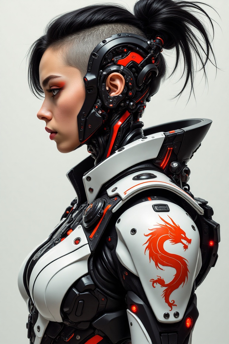 "Craft a vivid ekphrasis based on a futuristic warrior whose profile is a seamless blend of humanity and machine. Describe...