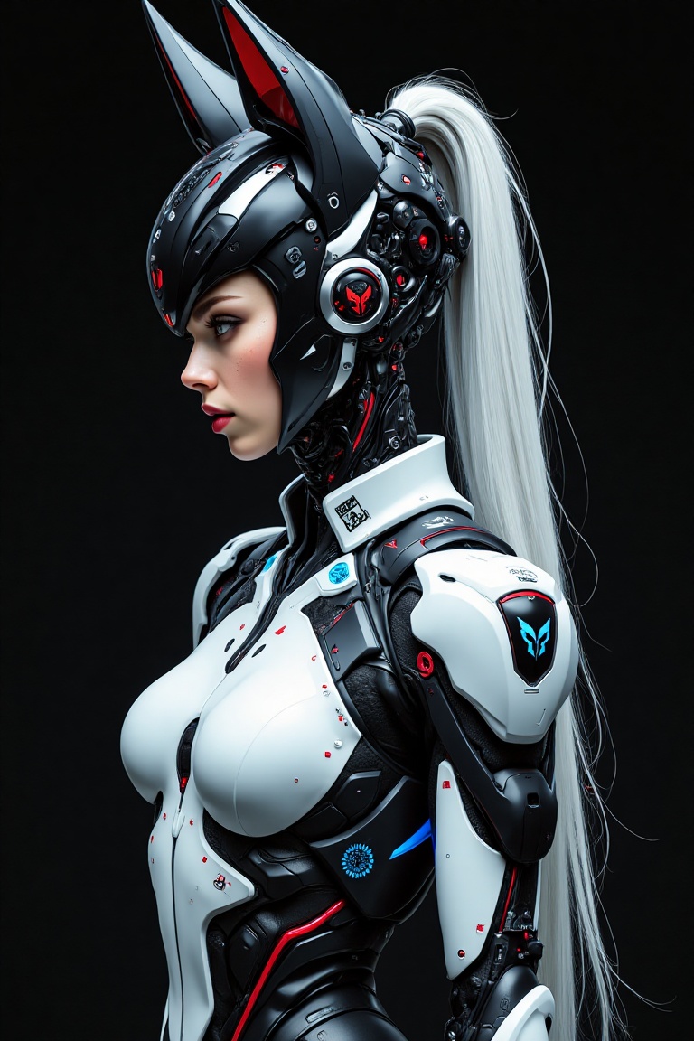 "A futuristic cybernetic female figure with a sleek and high-tech design,  standing in a dark,  sci-fi setting. The charac...