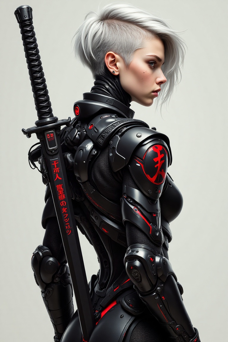 "Envision a lone warrior standing at the crossroads of tradition and technological evolution,  a sentinel of a high-tech d...