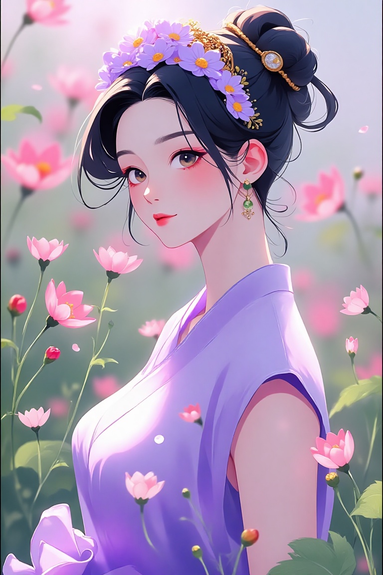 In a serene springtime garden,  a pale,  elegant Japanese woman stands amidst blooming flowers on Tensor.Art