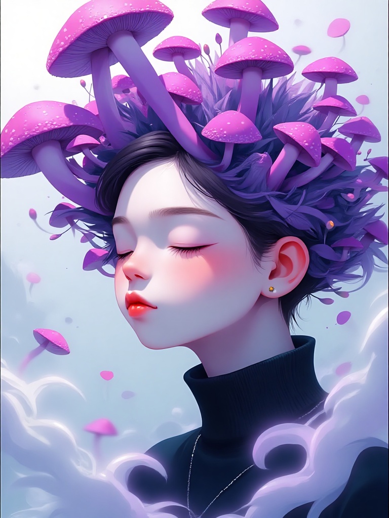 urreal portrait of a person with closed eyes,  vibrant purple mushrooms growing organically from their head,  detailed and...