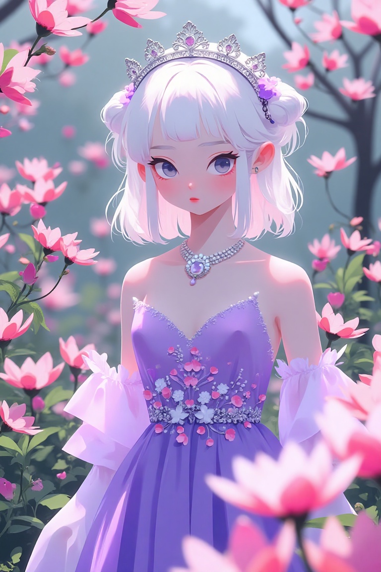 In a serene springtime garden,  a pale,  elegant Japanese woman stands amidst blooming flowers on Tensor.Art