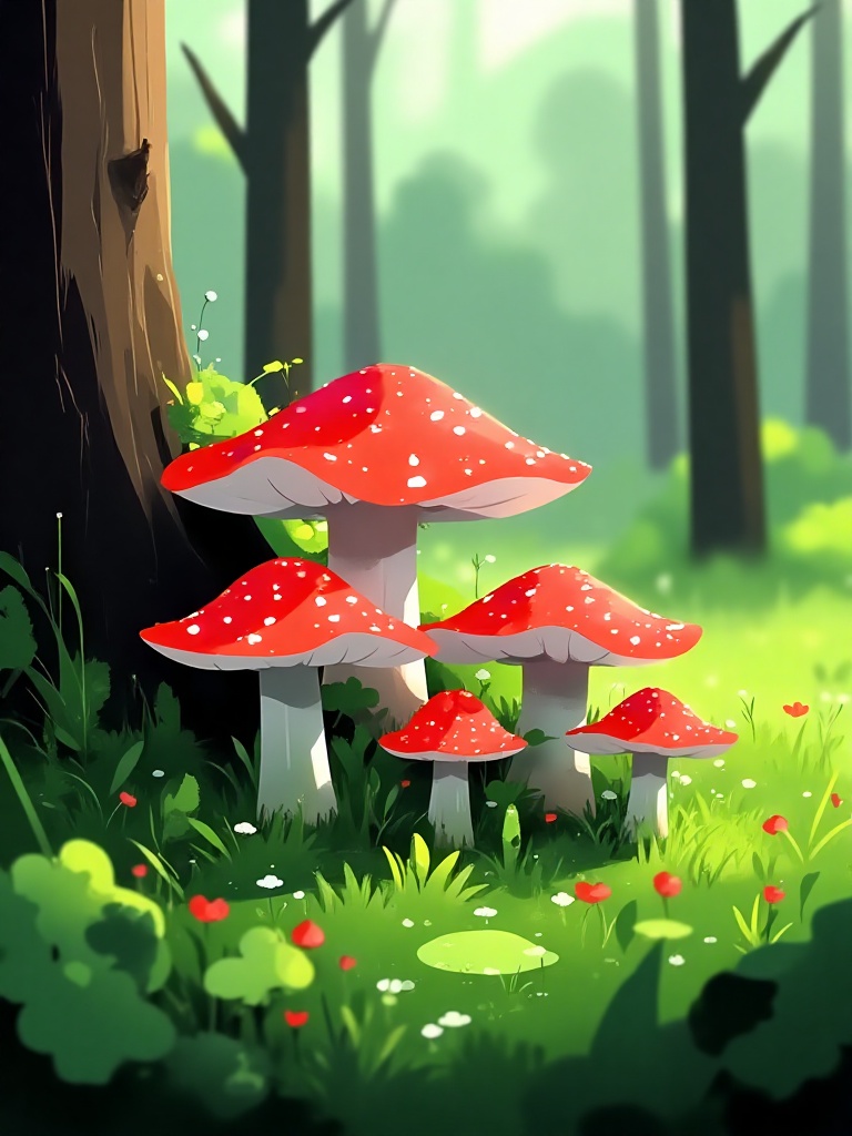 a group of red and white mushrooms are nestled in a forest. The mushrooms are surrounded by lush green foliage,  and the b...