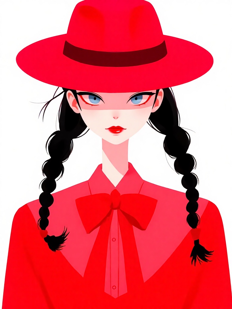 woman's face is adorned with a vibrant red hat. Her eyes are a piercing blue,  and her lips are painted a deep red. Her ha...