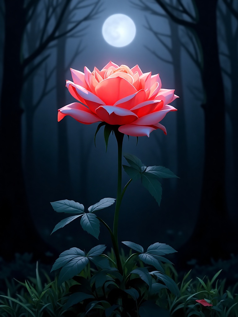 A stunning rose blooms in a velvety darkness,  illuminated only by the soft glow of a full moon. The flower's delicate pet...