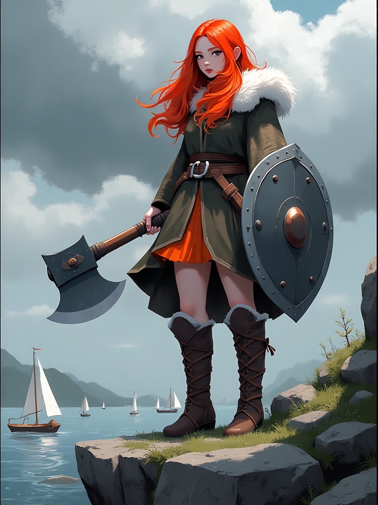 a vibrant red haired woman stands on a rocky cliff,  holding a large axe in one hand and a shield in the other. She's dres...