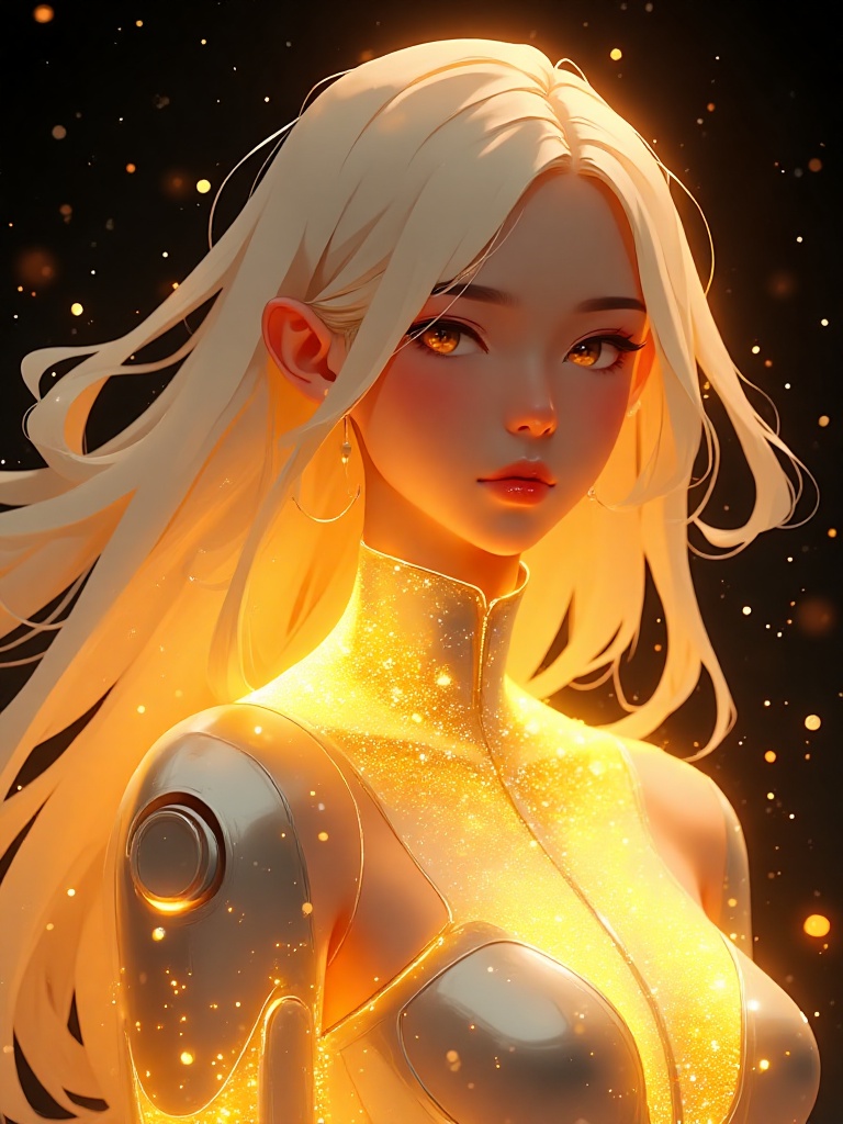futuristic depiction of a woman with flowing blonde hair,  illuminated by golden,  glowing particles that resemble stardus...