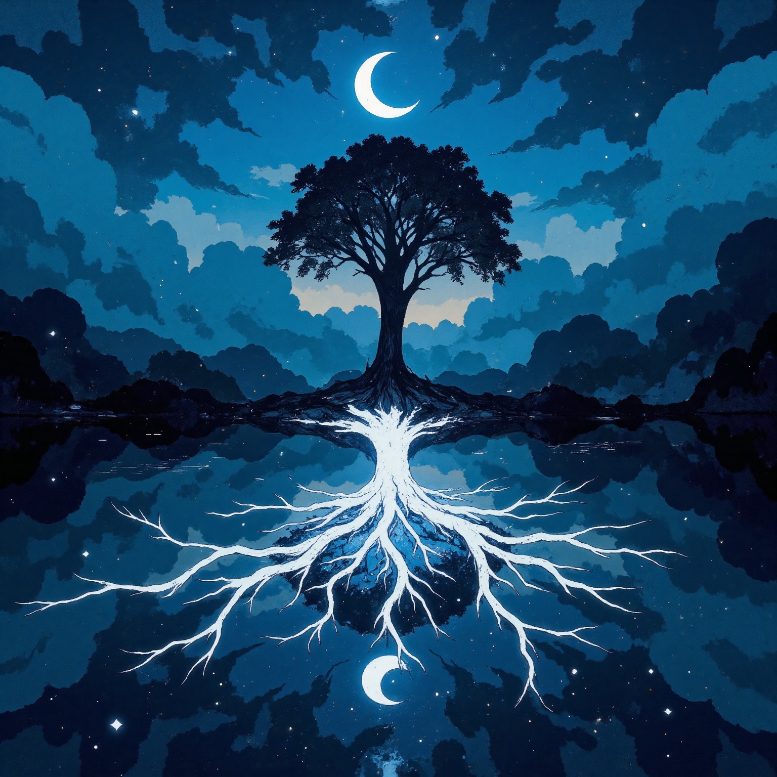 A surreal and dreamlike night scene featuring a solitary tree standing at the center of the composition. The upper half of...