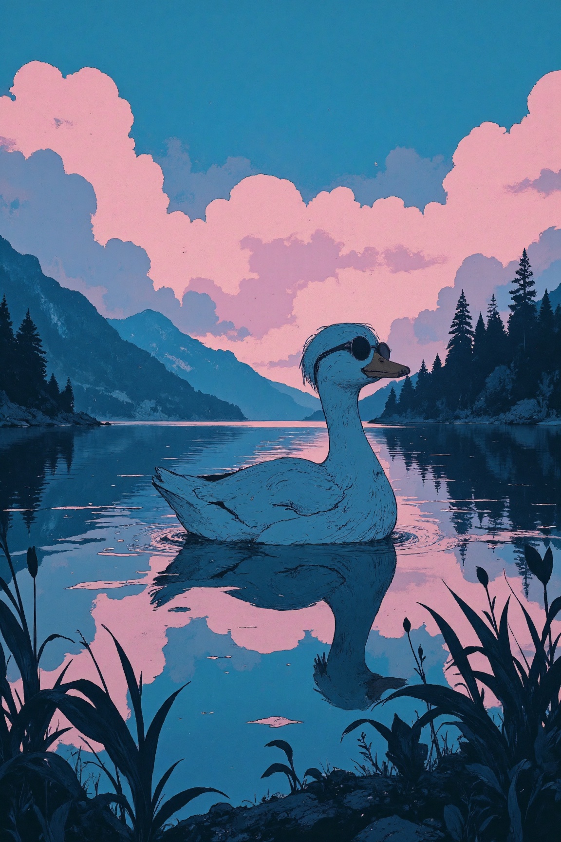 Viral anime wallpaper in 4K quality,  in the style of digital illustration inspired by miyazaki hayao,  showing duck with...